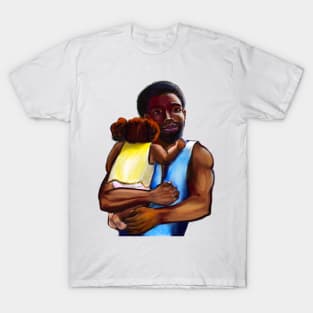 The best Father’s Day gifts 2022.Father and child - Super dad -  Strong muscular black man cradling a baby T-Shirt